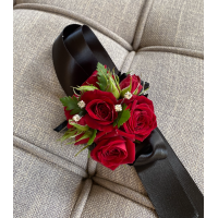 Red Rose Corsage on a Satin Ribbon. 